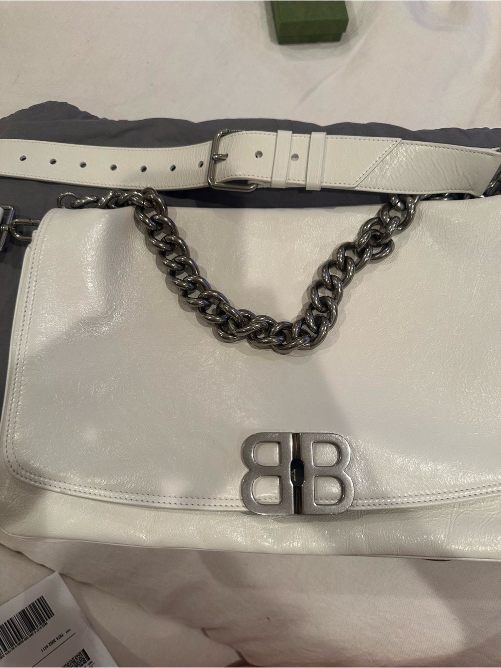 Balenciaga Bb Optic White large Leather Bag with Silver BB Chain and strap